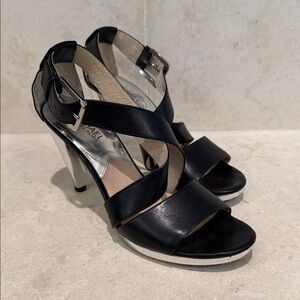 Michael Kors Violet Cross-Strap Black Leather Heels with Silver Trim 8.5